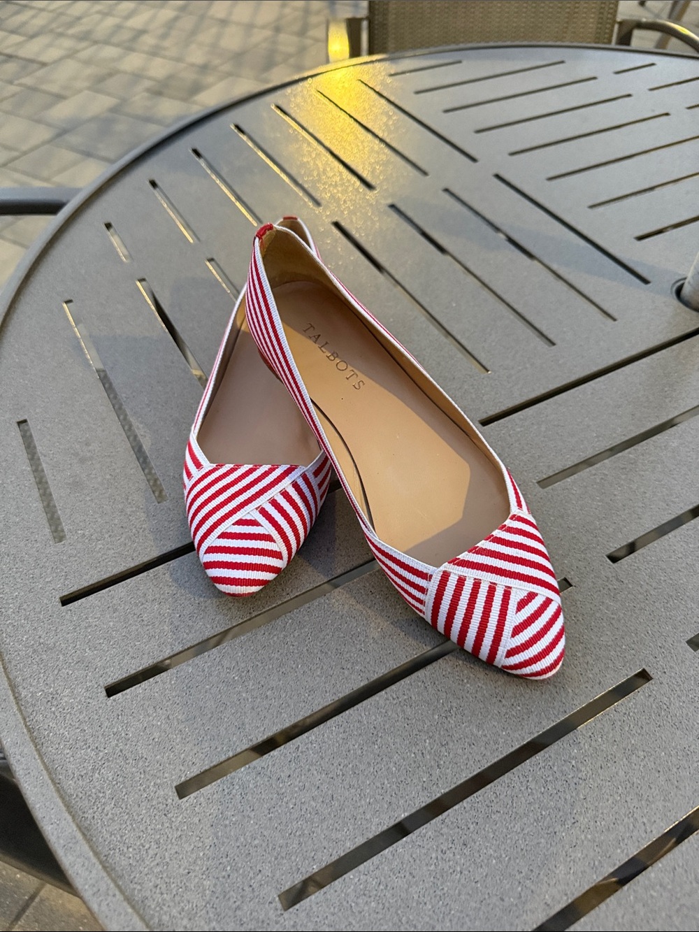 Talbots Red and White Striped Pointed-Toe Flats — Nautical Textile Slip-Ons